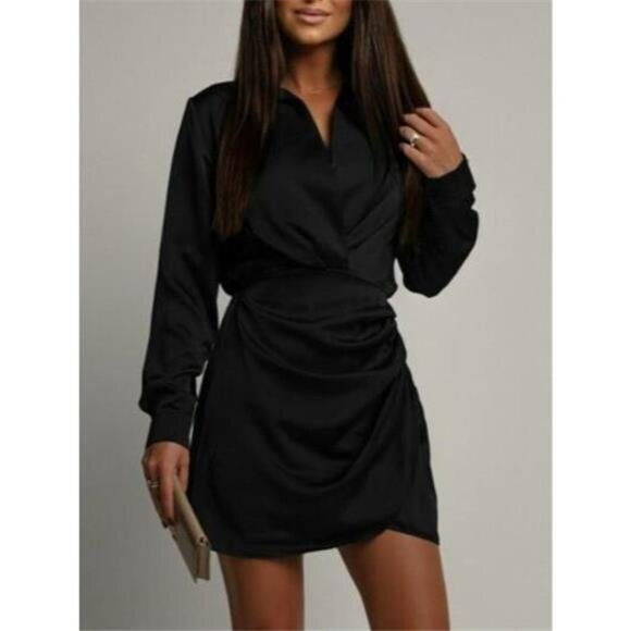 Collared Neck Long Sleeve Satin Dress - Picture 2 of 12
